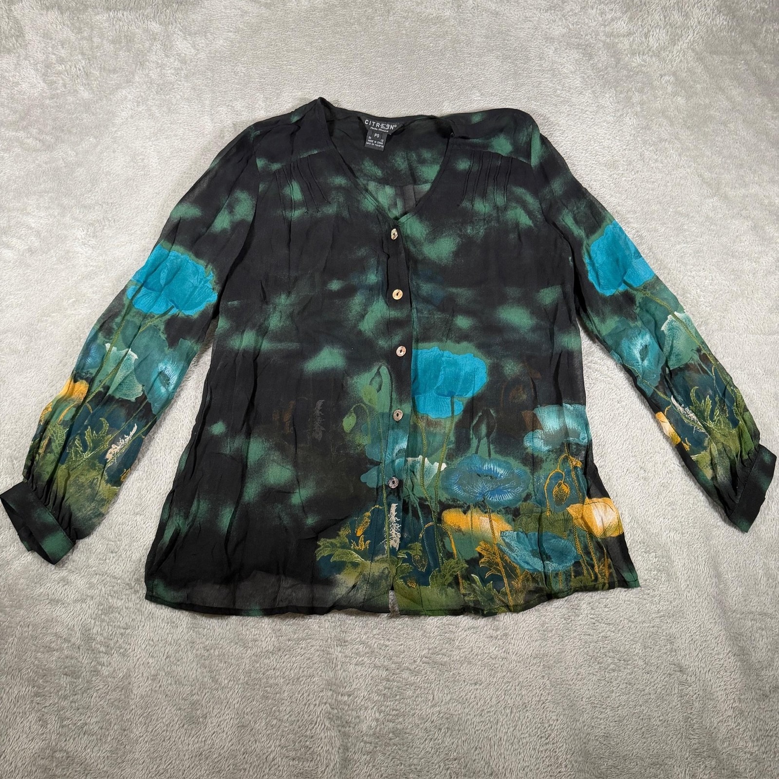 Citron Santa Monica Blouse Womens Ps Black Silk Sheer Floral Button Front Top